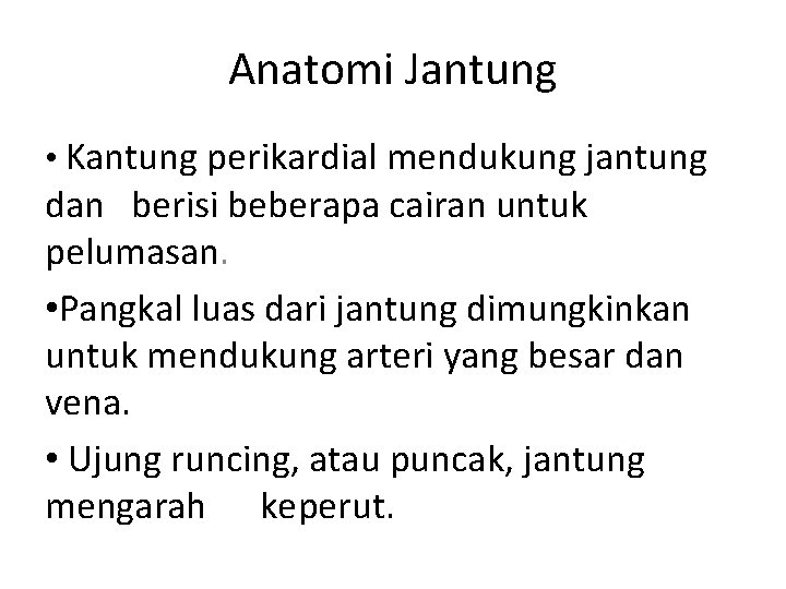 Anatomi Jantung • Kantung perikardial mendukung jantung dan berisi beberapa cairan untuk pelumasan. •