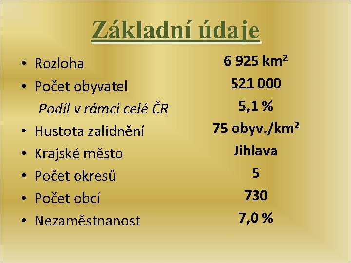 Základní údaje • Rozloha • Počet obyvatel Podíl v rámci celé ČR • Hustota