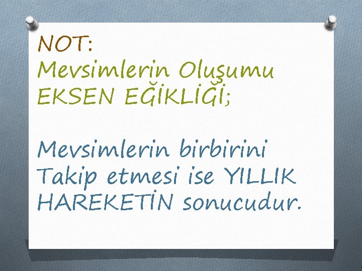 NOT: Mevsimlerin Oluşumu EKSEN EĞİKLİĞİ; Mevsimlerin birbirini Takip etmesi ise YILLIK HAREKETİN sonucudur. 