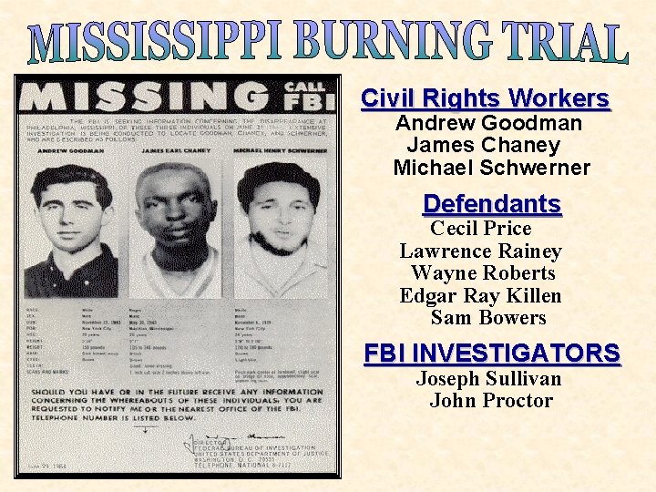 Civil Rights Workers Andrew Goodman James Chaney Michael Schwerner Defendants Cecil Price Lawrence Rainey