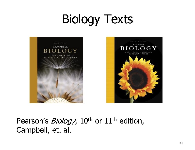 Biology Texts Pearson’s Biology, 10 th or 11 th edition, Campbell, et. al. 11