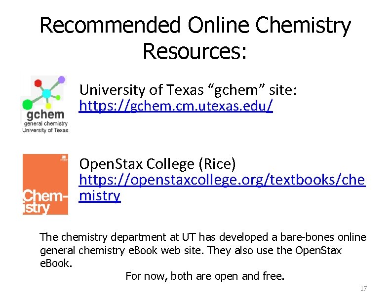 Recommended Online Chemistry Resources: University of Texas “gchem” site: https: //gchem. cm. utexas. edu/