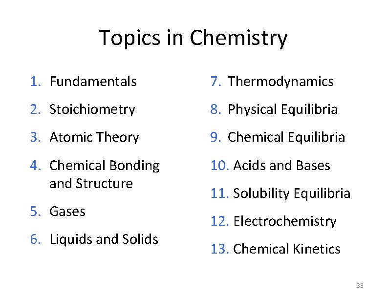Topics in Chemistry 1. Fundamentals 7. Thermodynamics 2. Stoichiometry 8. Physical Equilibria 3. Atomic