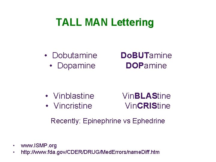 TALL MAN Lettering • Dobutamine • Dopamine Do. BUTamine DOPamine • Vinblastine • Vincristine