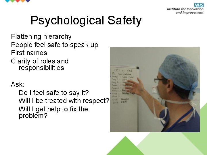 Psychological Safety Flattening hierarchy People feel safe to speak up First names Clarity of