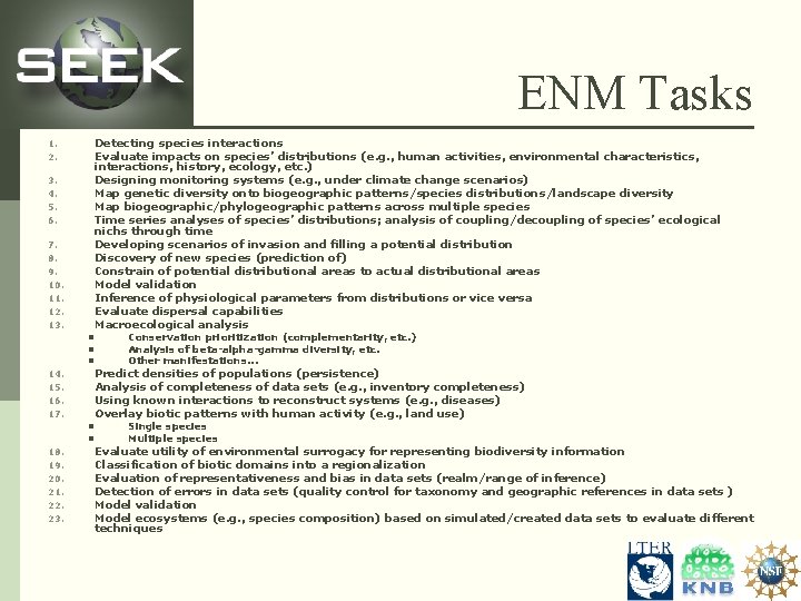 ENM Tasks Detecting species interactions Evaluate impacts on species’ distributions (e. g. , human