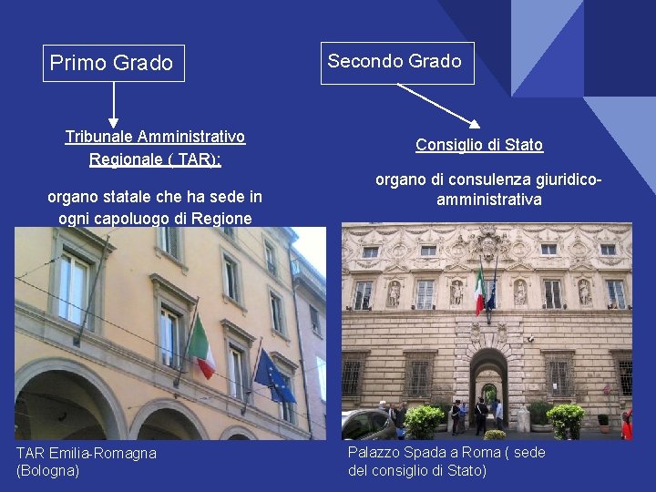 Primo Grado Tribunale Amministrativo Regionale ( TAR): organo statale che ha sede in ogni Primo Grado Tribunale Amministrativo Regionale ( TAR): organo statale che ha sede in ogni