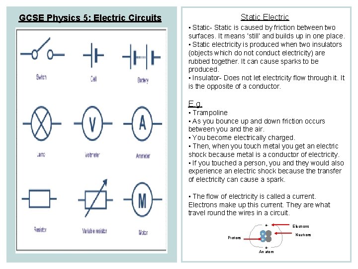 Static Electric GCSE Physics 5: Electric Circuits • Static- Static is caused by friction