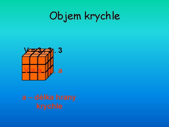 Objem krychle V=3. 3. 3 V=a. a. a a – délka hrany krychle 