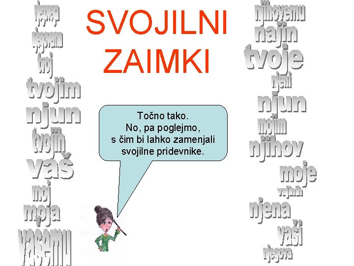 SVOJILNI ZAIMKI Točno tako. No, pa poglejmo, s čim bi lahko zamenjali svojilne pridevnike.