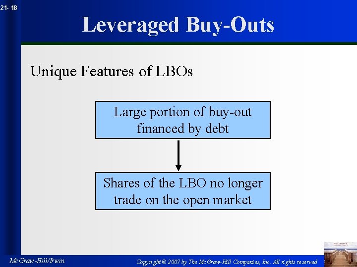 21 - 18 Leveraged Buy-Outs Unique Features of LBOs Large portion of buy-out financed