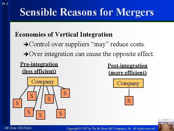 21 - 7 Sensible Reasons for Mergers Economies of Vertical Integration èControl over suppliers