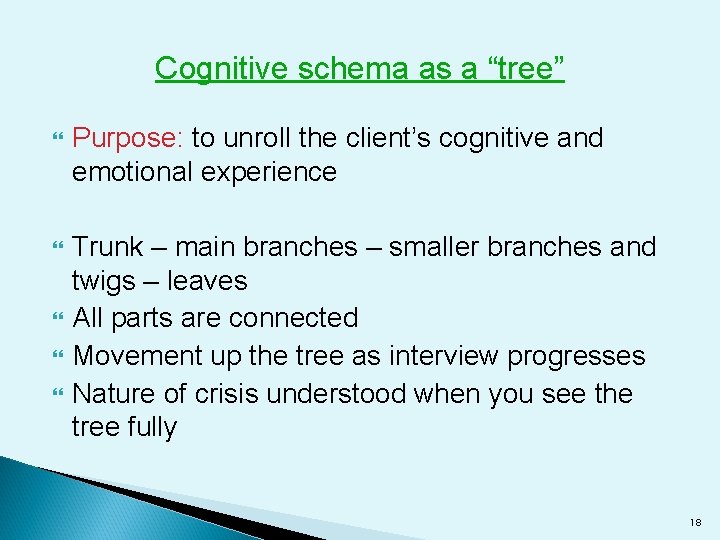 Cognitive schema as a “tree” Purpose: to unroll the client’s cognitive and emotional experience