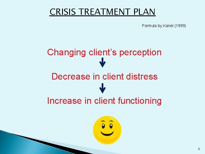 CRISIS TREATMENT PLAN Formula by Kanel (1999) Changing client’s perception Decrease in client distress