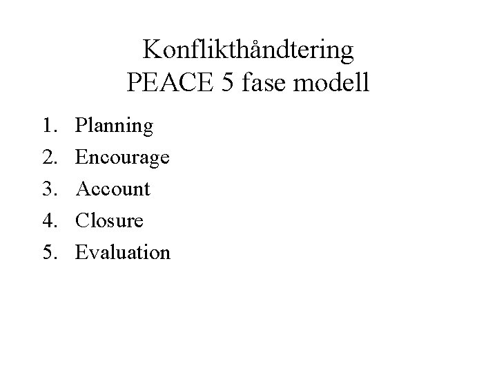 Konflikthåndtering PEACE 5 fase modell 1. 2. 3. 4. 5. Planning Encourage Account Closure