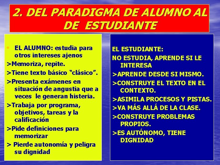 2. DEL PARADIGMA DE ALUMNO AL DE ESTUDIANTE • EL ALUMNO: estudia para otros