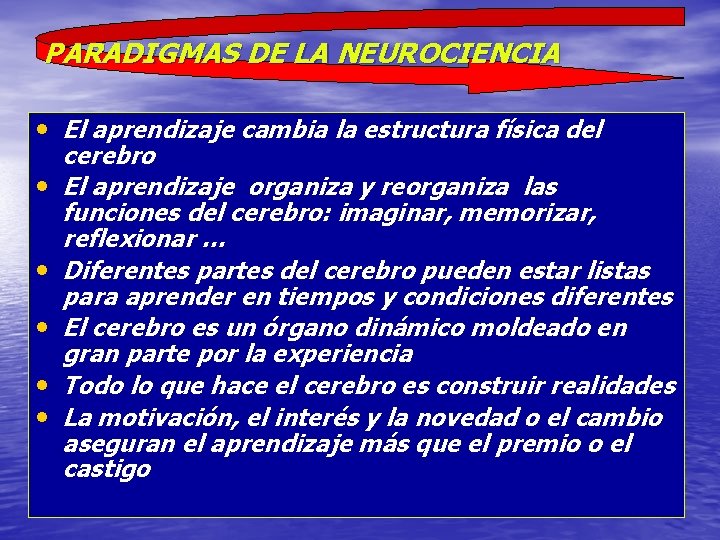 PARADIGMAS DE LA NEUROCIENCIA • El aprendizaje cambia la estructura física del • •