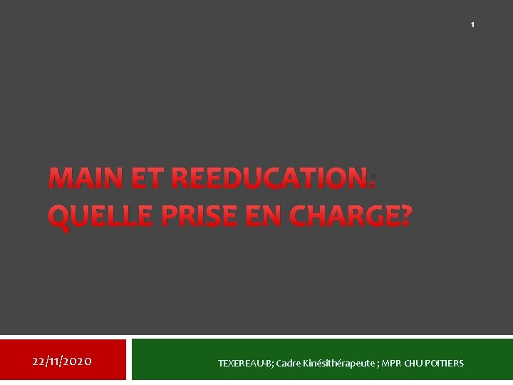 1 MAIN ET REEDUCATION: QUELLE PRISE EN CHARGE? 22/11/2020 TEXEREAU-B; Cadre Kinésithérapeute ; MPR