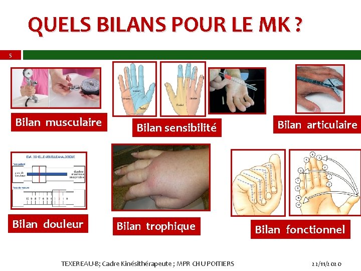 QUELS BILANS POUR LE MK ? 5 Bilan musculaire Bilan douleur Bilan sensibilité Bilan