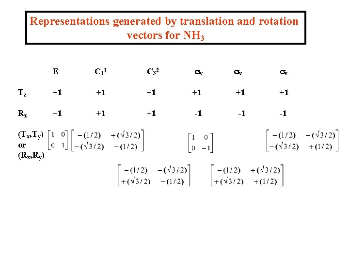 Representations generated by translation and rotation vectors for NH 3 E C 3 1