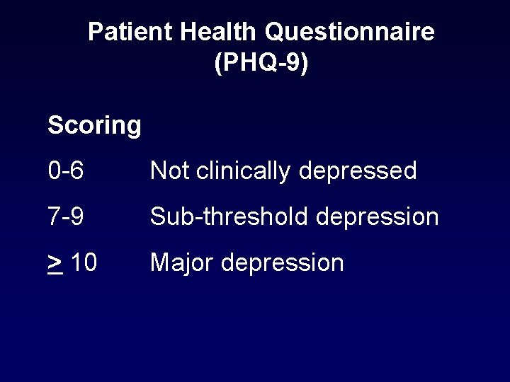 Patient Health Questionnaire (PHQ-9) Scoring 0 -6 Not clinically depressed 7 -9 Sub-threshold depression Patient Health Questionnaire (PHQ-9) Scoring 0 -6 Not clinically depressed 7 -9 Sub-threshold depression