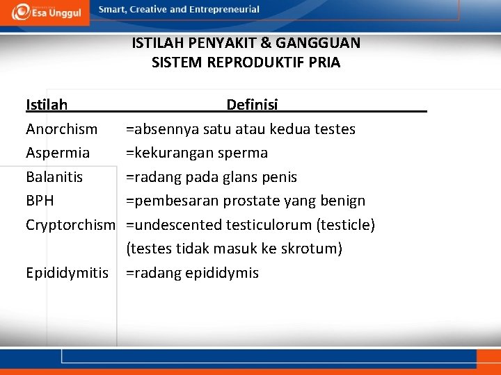 ISTILAH PENYAKIT & GANGGUAN SISTEM REPRODUKTIF PRIA Istilah Anorchism Aspermia Balanitis BPH Cryptorchism Epididymitis