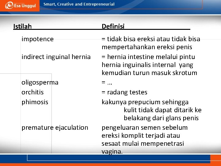 Istilah impotence Definisi = tidak bisa ereksi atau tidak bisa mempertahankan ereksi penis indirect