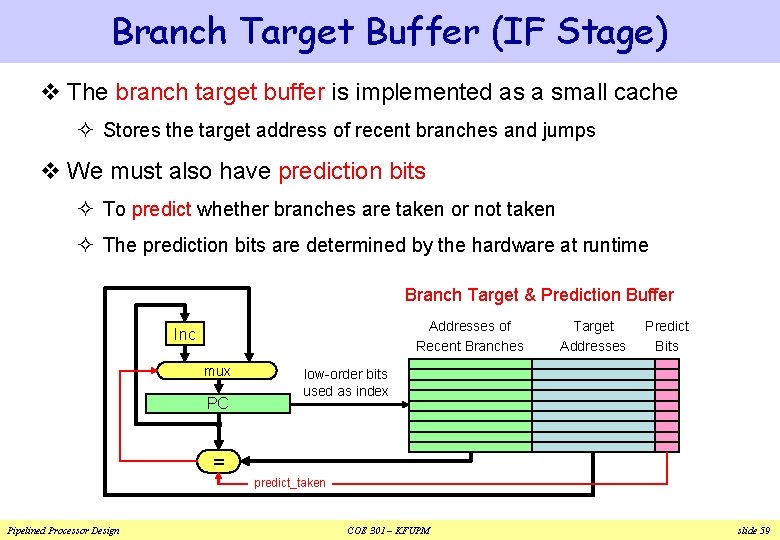 Branch Target Buffer (IF Stage) v The branch target buffer is implemented as a Branch Target Buffer (IF Stage) v The branch target buffer is implemented as a