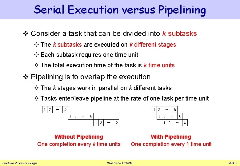 Serial Execution versus Pipelining v Consider a task that can be divided into k Serial Execution versus Pipelining v Consider a task that can be divided into k