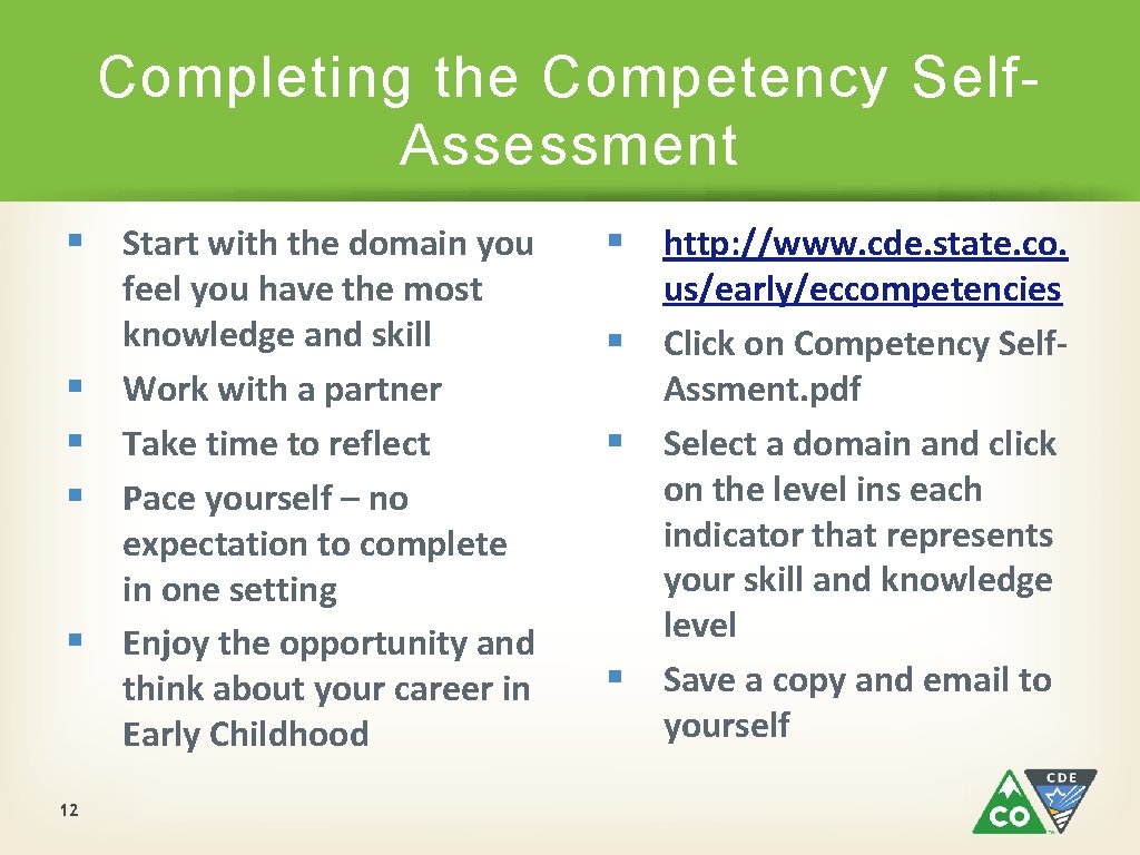 Completing the Competency Self. Assessment § Start with the domain you § § 12