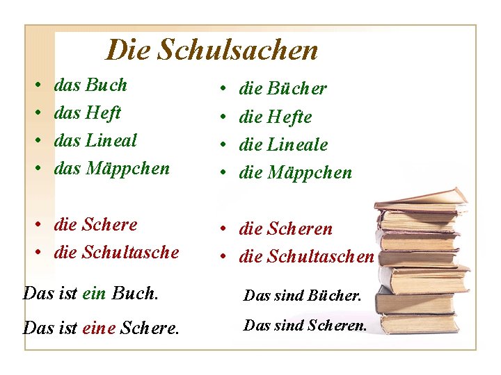 Die Schulsachen • • das Buch das Heft das Lineal das Mäppchen • die