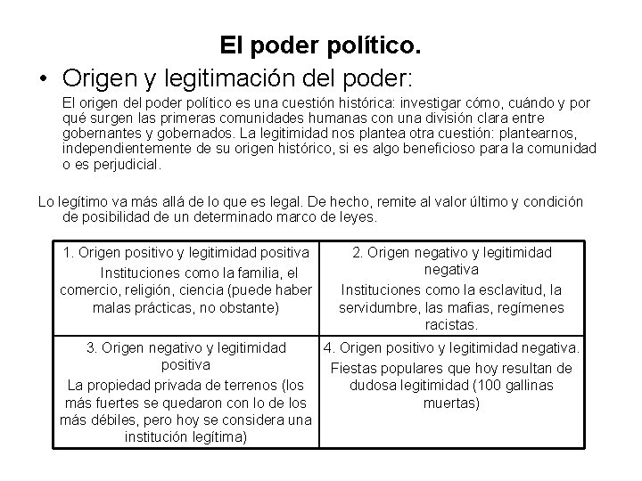 El poder político. • Origen y legitimación del poder: El origen del poder político