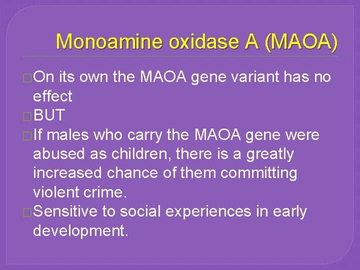 Monoamine oxidase A (MAOA) �On its own the MAOA gene variant has no effect Monoamine oxidase A (MAOA) �On its own the MAOA gene variant has no effect