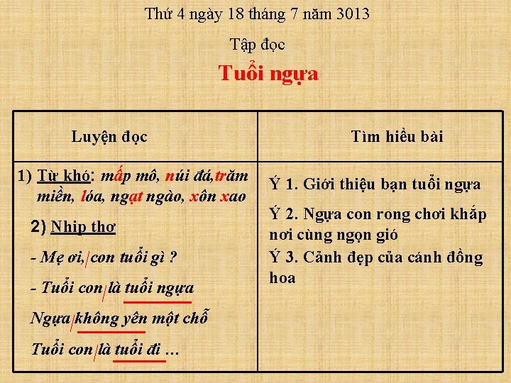 Thứ 4 ngày 18 tháng 7 năm 3013 Tập đọc Tuổi ngựa Luyện đọc