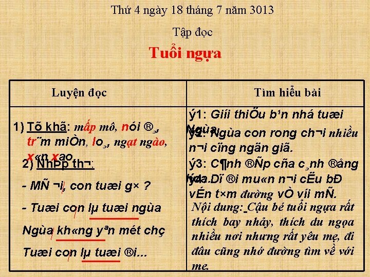 Thứ 4 ngày 18 tháng 7 năm 3013 Tập đọc Tuổi ngựa Luyện đọc