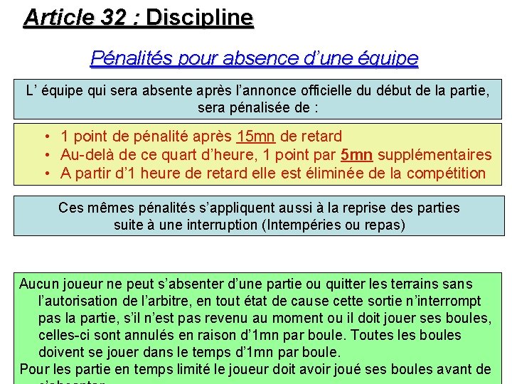 Article 32 : Discipline Pénalités pour absence d’une équipe L’ équipe qui sera absente