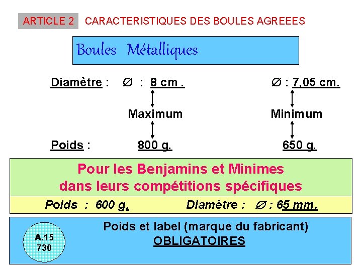 ARTICLE 2 CARACTERISTIQUES DES BOULES AGREEES Boules Métalliques Diamètre : : 8 cm. :