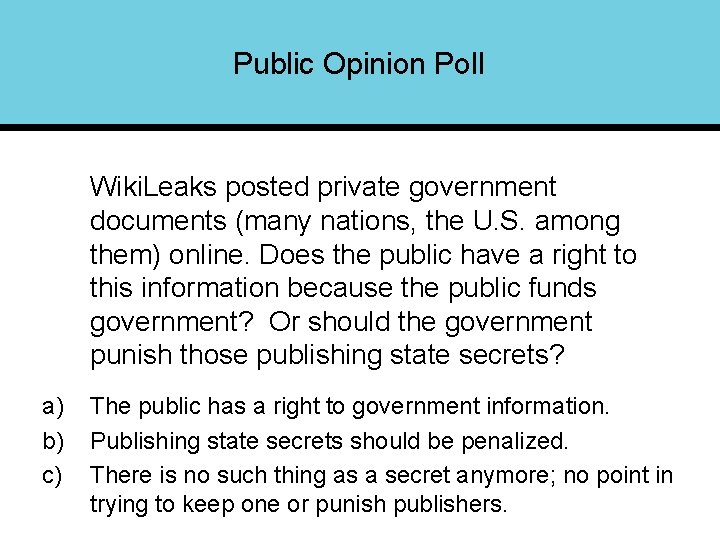 Public Opinion Poll Wiki. Leaks posted private government documents (many nations, the U. S.