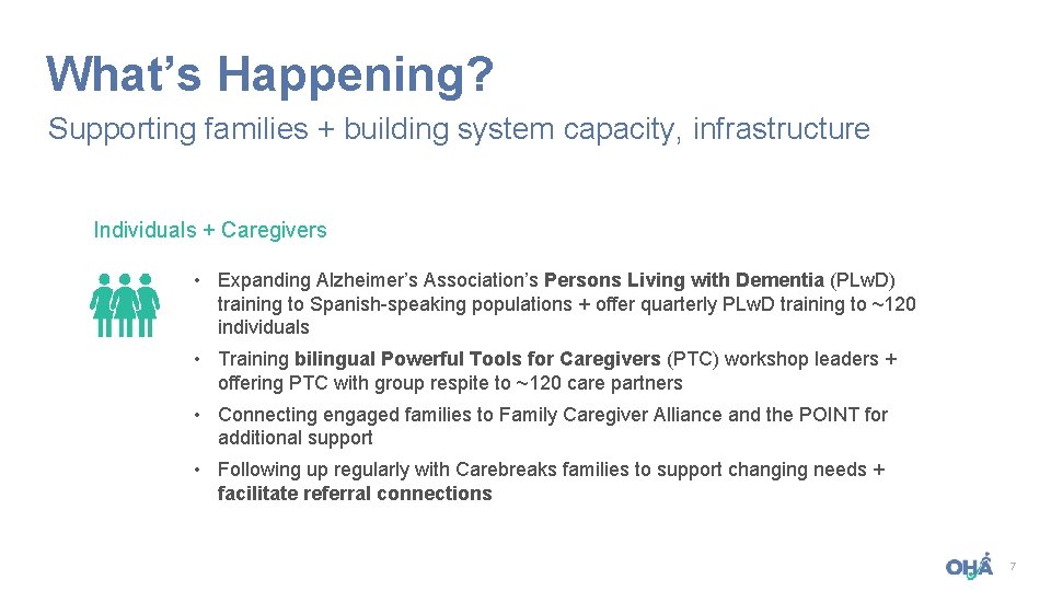 What’s Happening? Supporting families + building system capacity, infrastructure Individuals + Caregivers • Expanding