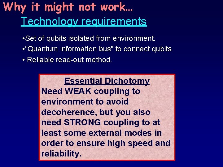 Why it might not work… Technology requirements • Set of qubits isolated from environment.