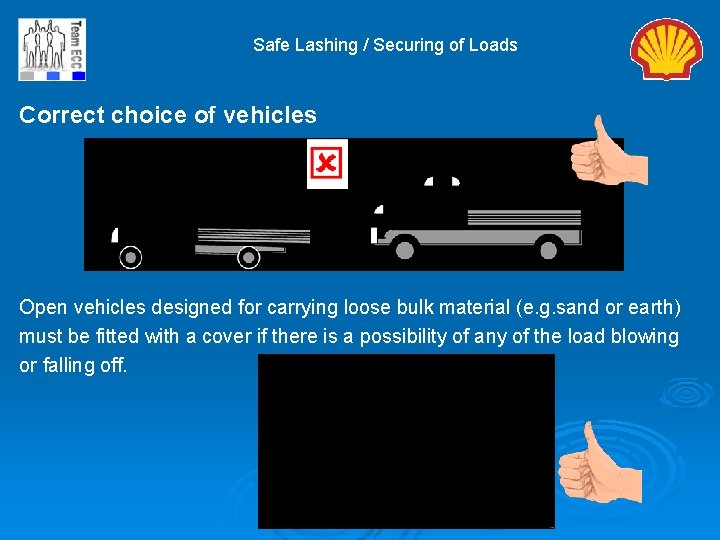 Safe Lashing / Securing of Loads Correct choice of vehicles Open vehicles designed for