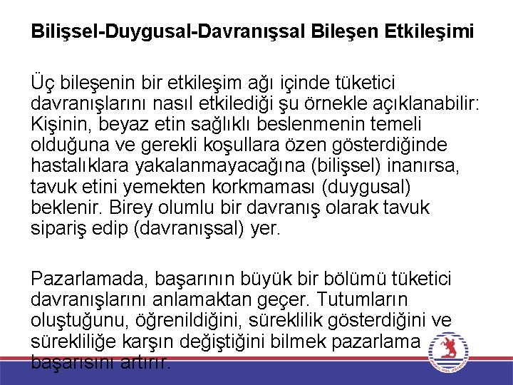 Bilişsel-Duygusal-Davranışsal Bileşen Etkileşimi Üç bileşenin bir etkileşim ağı içinde tüketici davranışlarını nasıl etkilediği şu