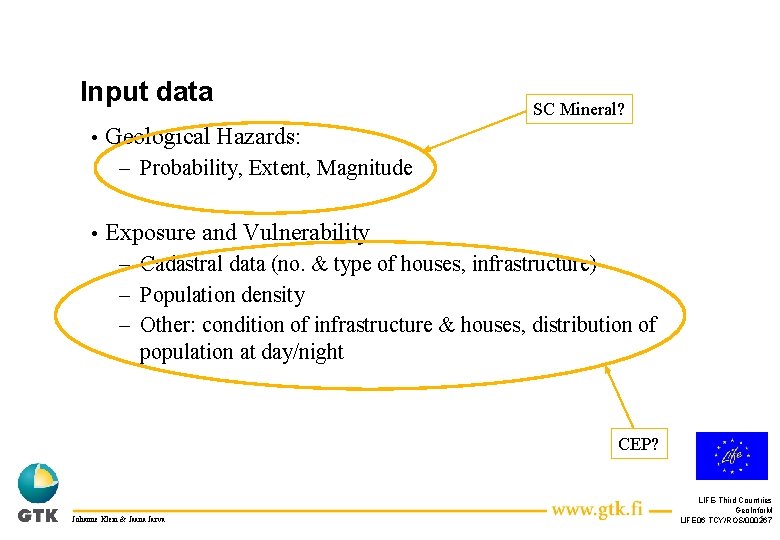 Input data • SC Mineral? Geological Hazards: – Probability, Extent, Magnitude • Exposure and
