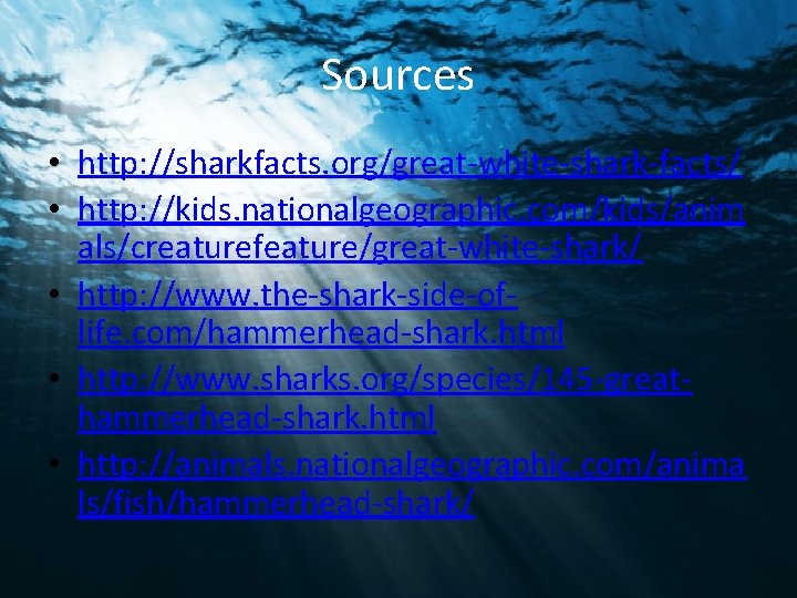 Sources • http: //sharkfacts. org/great-white-shark-facts/ • http: //kids. nationalgeographic. com/kids/anim als/creaturefeature/great-white-shark/ • http: //www.