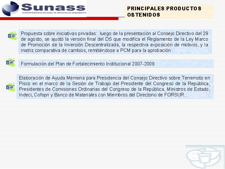 PRINCIPALES PRODUCTOS OBTENIDOS Propuesta sobre iniciativas privadas: luego de la presentación al Consejo Directivo