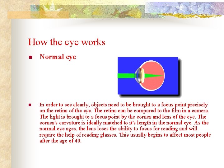 How the eye works n Normal eye n In order to see clearly, objects