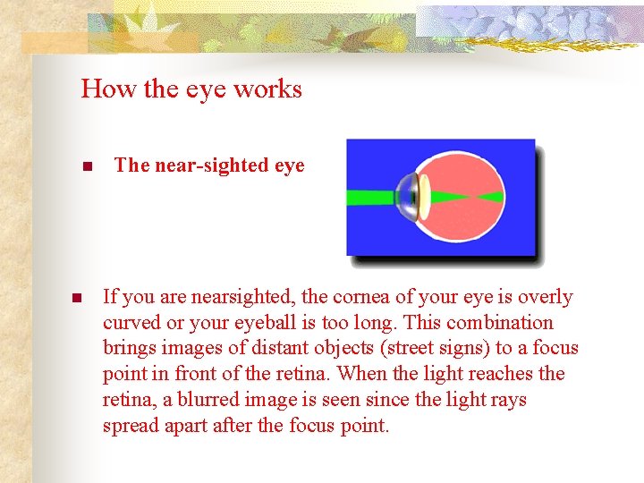 How the eye works n n The near-sighted eye If you are nearsighted, the