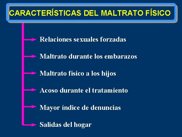 CARACTERÍSTICAS DEL MALTRATO FÍSICO Relaciones sexuales forzadas Maltrato durante los embarazos Maltrato físico a