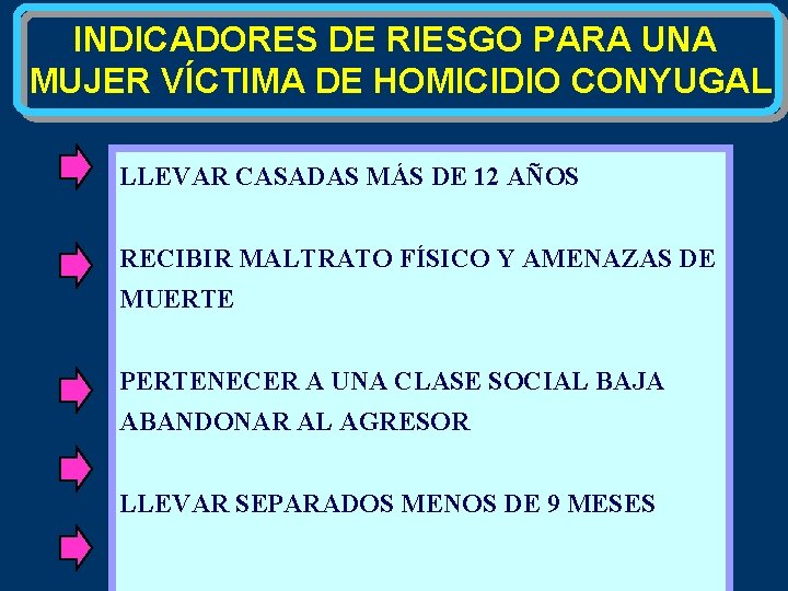 INDICADORES DE RIESGO PARA UNA MUJER VÍCTIMA DE HOMICIDIO CONYUGAL LLEVAR CASADAS MÁS DE