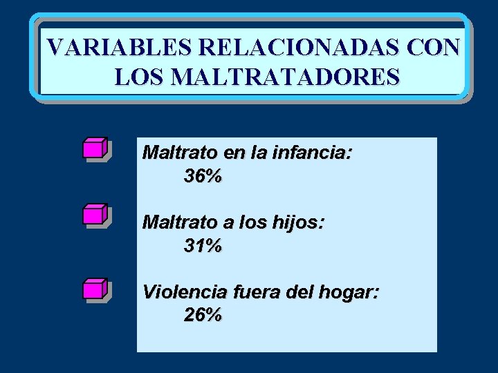 VARIABLES RELACIONADAS CON LOS MALTRATADORES Maltrato en la infancia: 36% Maltrato a los hijos: